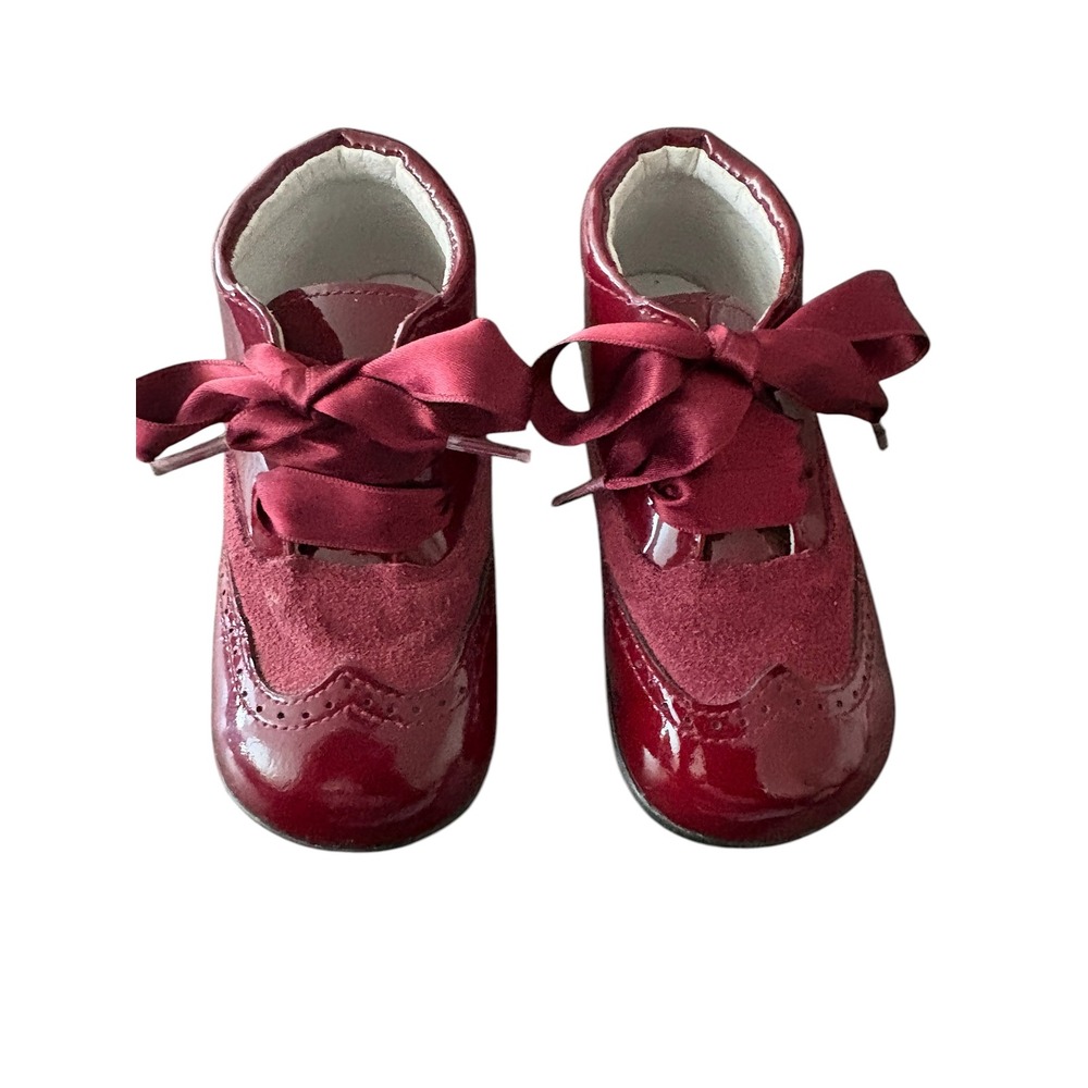 Calzados d'bebe Girls Burgundy Patent Suede Wingtip Ribbon Boots Spain Size 23